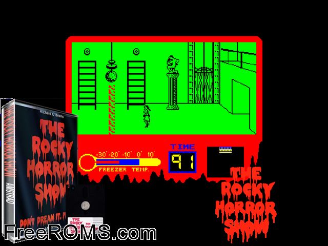 Rocky Horror Show, The (UK) (1985) [a1] Amstrad CPC game showing 3D box cover and gameplay screenshot
